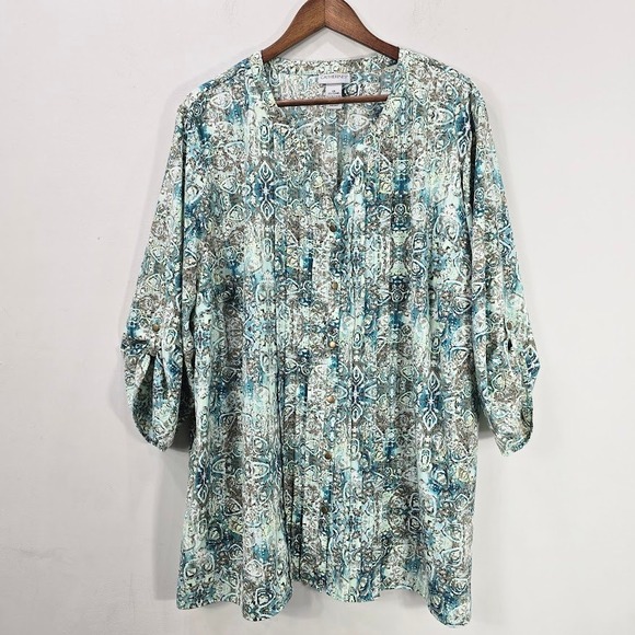 Catherines Tunic Blouse 2X Blue Button 3/4 Sleeve Roll Tab V Neck Pleated Boho - Picture 1 of 9